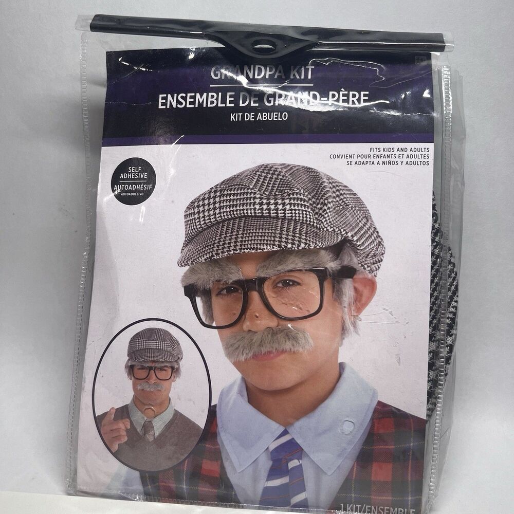 Halloween Grandpa Costume Kit Kids Adults Old Man Hat Glasses Eyebrows Mustache